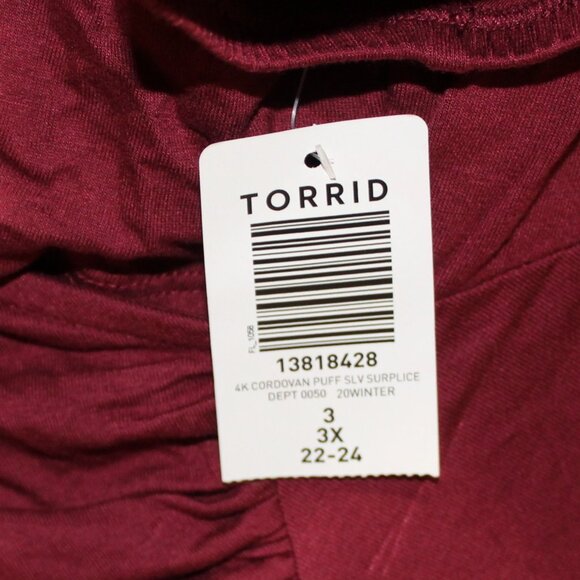 Torrid Women's Top 3X Burgundy Rayon Spandex Puff Sleeve Surplice New - Picture 5 of 12